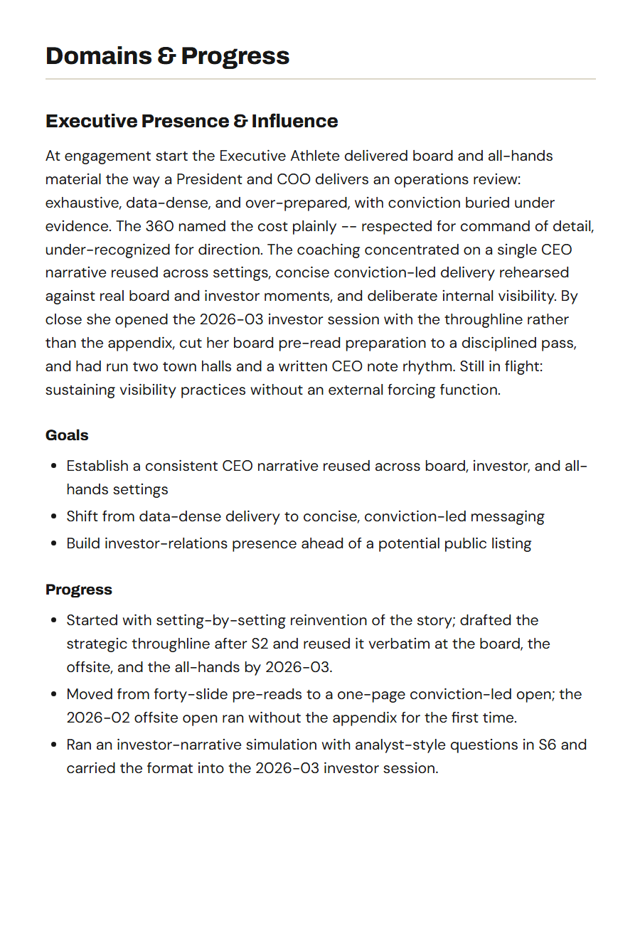 Sample report, inside page: one area of work, its goals and the progress recorded against them.